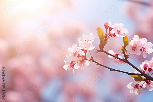 Fresh beautiful flowers of the cherry tree blooming in the spring with copy space