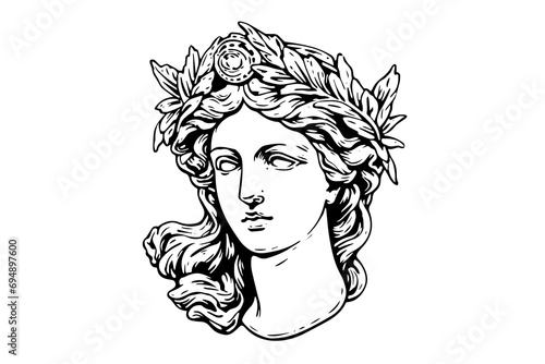 Aphrodite head hand drawn ink sketch. Engraved style vector illustration.