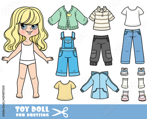 Cartoon blong girl with wavy hair and clothes separately - cardigan, denim overalls, shirt, jacket, jeans and sneakers