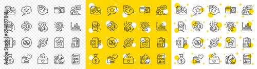 Outline Target, Report document and Loyalty points line icons pack for web with Diagram graph, Online auction, No cash line icon. Money bag, Phishing, Inflation pictogram icon. Vector photo