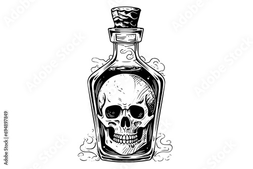 Magic bottle with death potion or poison hand drawn ink sketch. Engraved style vector illustration.