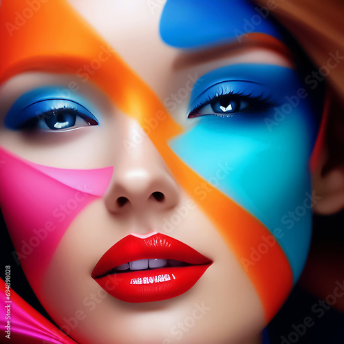 Beautiful face, close-up of a girl with multi-colored makeup.