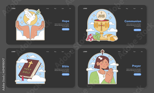 Christianity icons for web. Dove of hope, sacred Communion, Holy Bible, and prayer. Religious web design elements for faith-based content. Flat vector illustration