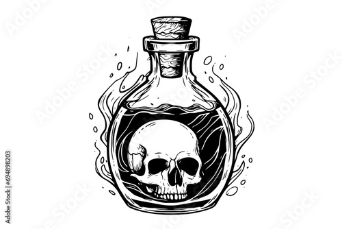 Magic bottle with death potion or poison hand drawn ink sketch. Engraved style vector illustration.