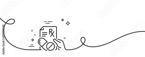 Prescription Rx recipe line icon. Continuous one line with curl. Medicine drugs pills sign. Prescription drugs single outline ribbon. Loop curve pattern. Vector