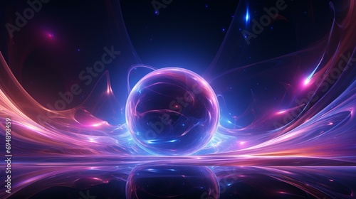 Pulsating Energy Waves, vibrant and dynamic, emanating from a mystical crystal ball suspended in a cosmic void, suggesting the unseen forces of the mind. Celestial hues of purples  photo