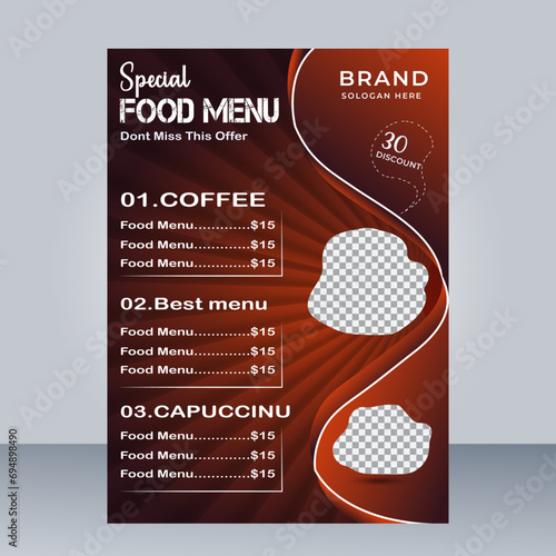 Fast Food Flyer Design Template cooking, cafe and restaurant menu, food ordering, junk food. Pizza, Burger, French fries and Soda. Vector illustration