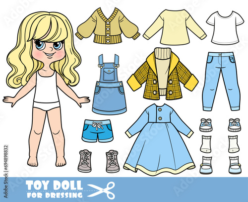 Cartoon blong girl with wavy hair and clothes separately -   long sleeve, casual dress, short coat, shirt, short shorts, denim sundress, jeans and sneakers