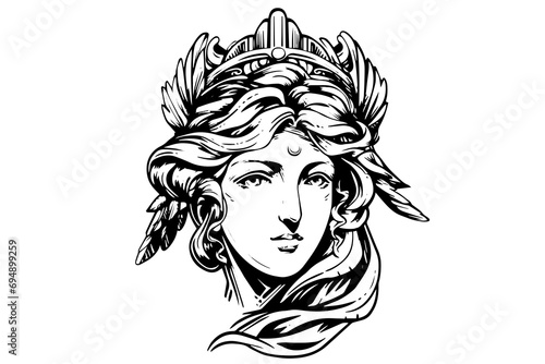 Aphrodite head hand drawn ink sketch. Engraved style vector illustration.