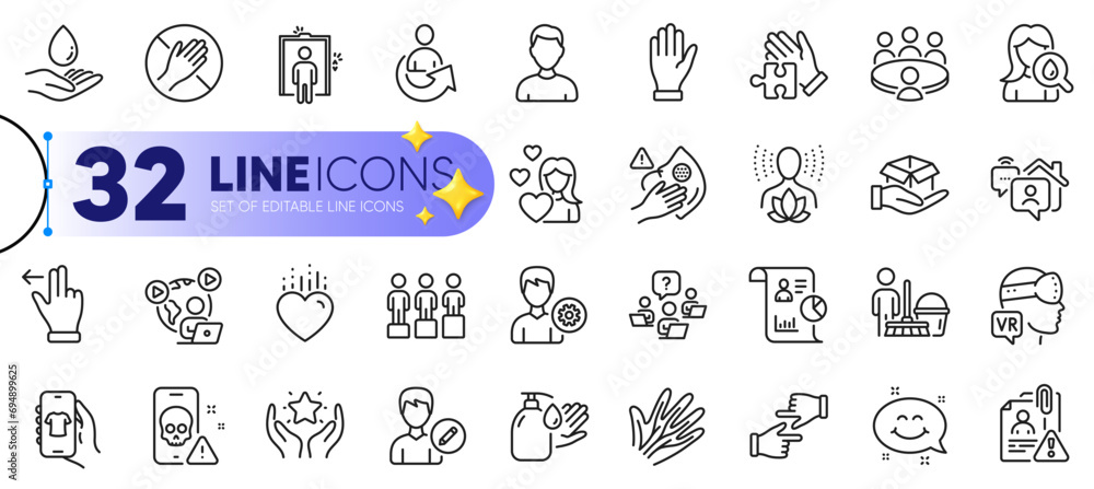 Outline set of Cyber attack, Wash hands and Dont touch line icons for web with Puzzle, Ranking, Touchscreen gesture thin icon. Hand, Hold box, Equity pictogram icon. Search employee. Vector