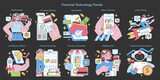Fintech Trends set. Showcases modern financial services. Mobile banking, contactless payments, and investment apps. E-commerce and crowdfunding. Flat vector illustration.