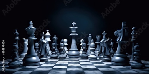 Strategic chess game. Captivating image showcases chessboard with various pieces arranged for game. Contrasting black and white pieces symbolize strategic thinking competition and intelligence