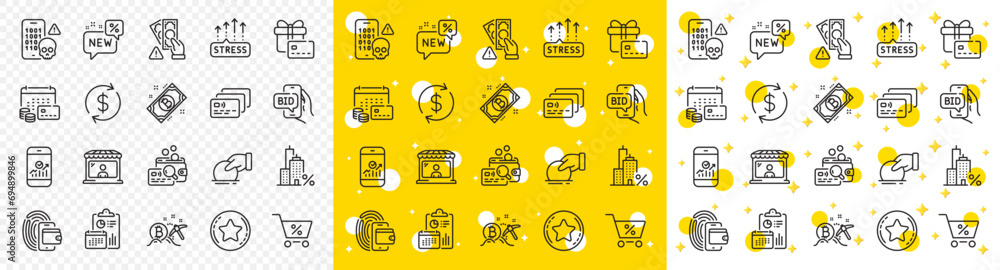 Outline Bitcoin, Donate and Money calendar line icons pack for web with Usd exchange, Smartphone statistics, Card line icon. Report, Stress grows, Bitcoin mining pictogram icon. Wallet. Vector - obrazy, fototapety, plakaty 