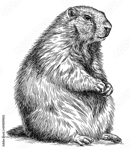 Vintage engraving isolated marmot set illustration groundhog ink sketch. Woodchuck background silhouette art. Black and white hand drawn image photo