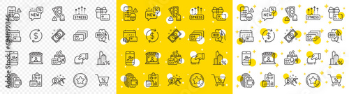 Outline Bitcoin, Donate and Money calendar line icons pack for web with Usd exchange, Smartphone statistics, Card line icon. Report, Stress grows, Bitcoin mining pictogram icon. Wallet. Vector