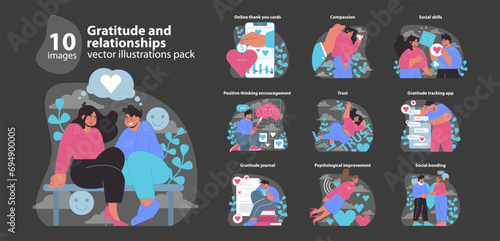 Gratitude and relationships set. Celebrating emotional connections and appreciation. Expressions of thanks, trust-building, and companionship. Flat vector illustration.