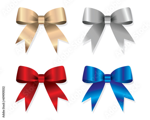 Realistic bow set.  Shiny red, blue, gold, black satin bow on white background. Colorful realistic satin bows isolated on white background.