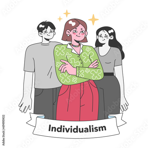 Celebration of individualism with a diverse group upholding their unique identities and values. A harmonious blend of distinct personalities. Flat vector illustration