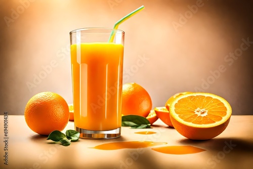 A glass of freshly squeezed orange juice with a straw, placed against a bright background. 