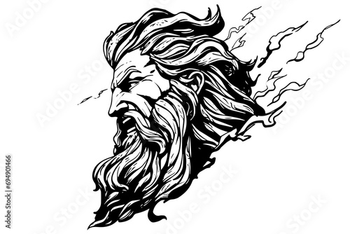 Zeus head hand drawn logo ink sketch. Engraved style vector illustration.