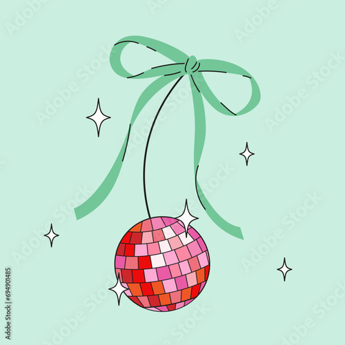 Disco mirror ball cherry with bow in cartoon style. Cute trendy design. Vector funky illustration. Ballet-core, coquette-core background.  
