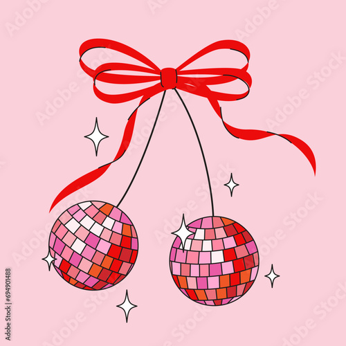 Disco mirror ball cherry with bow in cartoon style. Cute trendy design. Vector funky illustration. Ballet-core, coquette-core background.   photo
