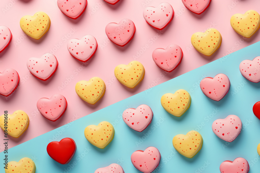 Creative bright pattern made of colorful heart shape cakes. St. Valentine's Day or holiday dessert concept. Creative bright pattern made of colorful heart shape cakes. St. Valentine's Day or holiday dessert concept.