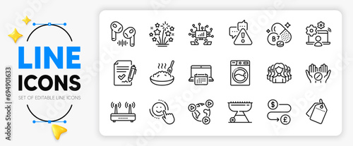 Women group, Teamwork and Video conference line icons set for app include Smile, Money transfer, Fireworks stars outline thin icon. Headphone, Grill, Wifi pictogram icon. Washing machine. Vector