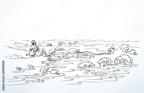 Vector drawing. A man on the shore after a shipwreck