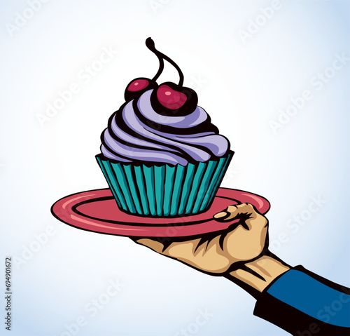 Vector drawing. The hand offers a treacherous treat