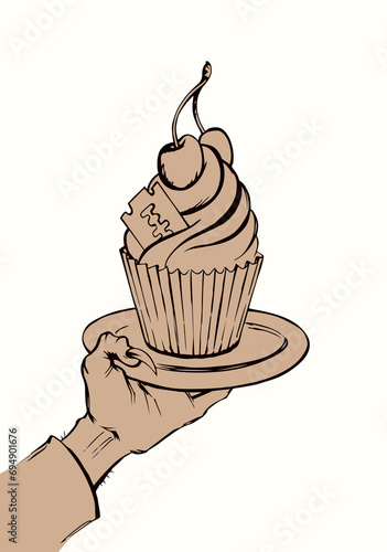 Vector drawing. The hand offers a treacherous treat