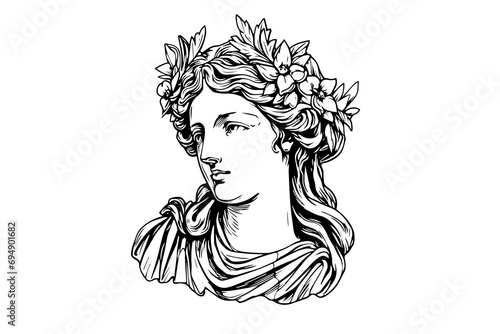 Aphrodite head hand drawn ink sketch. Engraved style vector illustration.