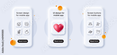 Calculator, Heart and Weather forecast line icons pack. 3d phone mockups with heart. Glass smartphone screen. Food delivery, Judge hammer, Riboflavin vitamin web icon. Vector