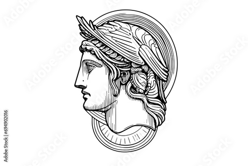 Hermes head hand drawn ink sketch. Engraved style vector illustration.