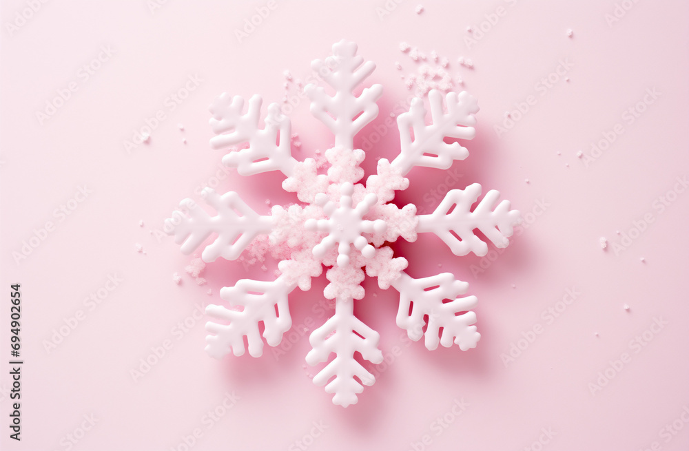 Naklejka premium Pink snowflake on pastel pink background. Minimal Xmas concept