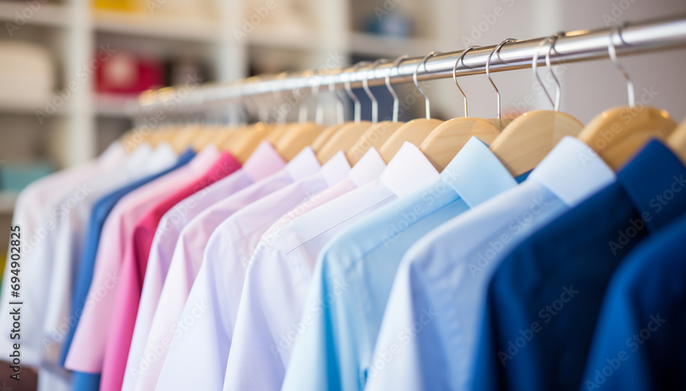 Fototapeta premium Assorted pastel-colored shirts on hangers in a retail clothing store.