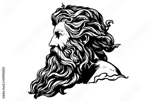 Zeus head hand drawn logo ink sketch. Engraved style vector illustration.