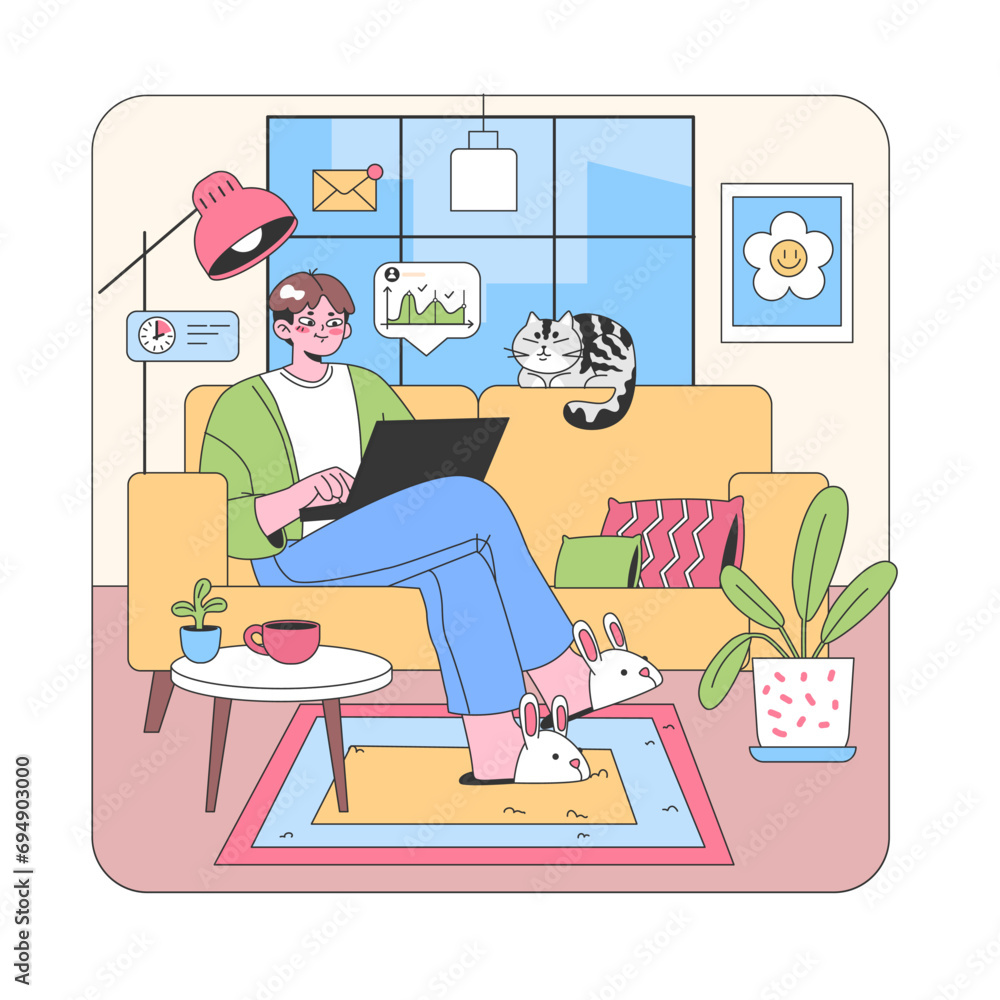Cozy home office scene. Young man working on laptop with cat companion, surrounded by comfy decor and indoor plants. Messaging and relaxation in personal space. Flat vector illustration