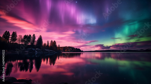 Captivating Scene of the Majestic Aurora Borealis Casting Ethereal Reflections on the Icy Surface of a Tranquil Frozen Lake, Creating a Stunning Display of Nature's Beauty and Celestial Magic