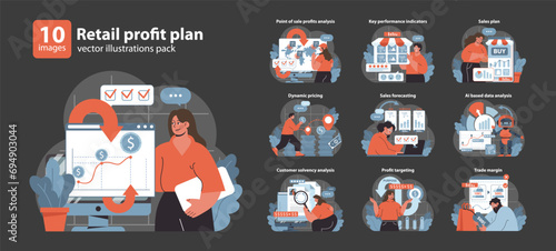 Retail Profit Plan set. Detailed analysis and strategic planning in sales and finance. Managing performance, pricing, and margins. Comprehensive business strategy visualization. Flat vector.