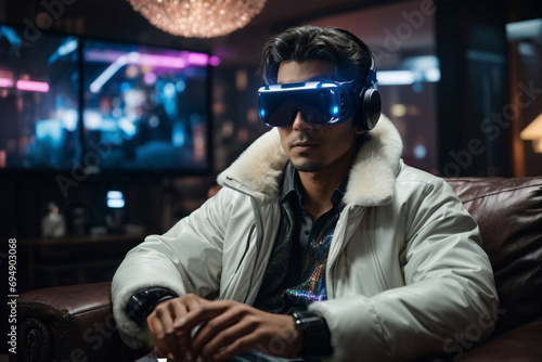 Man Immersed in Cyberpunk VR World