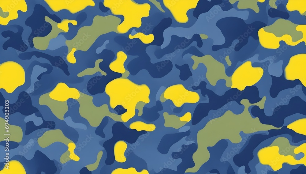 Pattern of yellow and blue military camouflage seamless pattern background. Camouflage pattern background with dark blue, green and yellow colors.