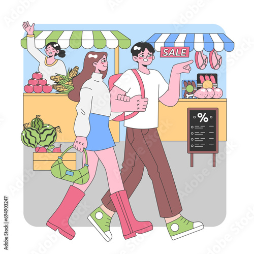 Fresh Market Bargains. A joyful couple shops at lively street stalls offering fruits and discounted goods, with an enthusiastic vendor greeting. Sale sign and vibrant atmosphere. vector illustration.