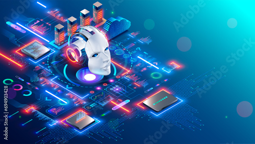 AI chat bot development. Artificial intelligence isometric robot head among computer electronic chip hardware. Technology. Internet online chat bot face. Generative pre-trained AI. AI concept banner.