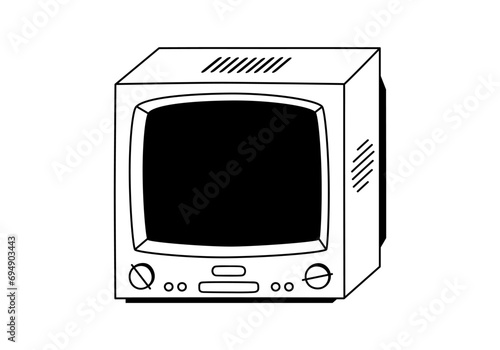 Hand drawn cute outline illustration of retro television. Flat vector old TV sticker in line art doodle style. Vintage broadcasting device for watching news or movies with antenna icon. Isolated.