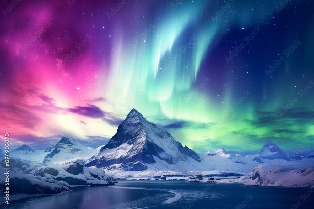 Northern lights aurora borealis. Night sky with polar lights. Night winter landscape.
