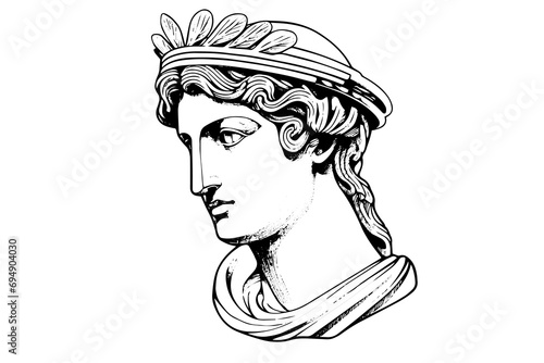 Hermes head hand drawn ink sketch. Engraved style vector illustration.