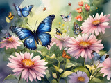 Butterfly Ballet: Whimsical Watercolor Illustration of a Spring Garden Alive with Fluttering Delights. generative AI