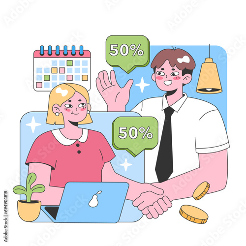 Collaborative business deal concept. Two professionals finalizing an agreement with mutual benefits, surrounded by workplace elements and discount bubbles. Partnership in action. vector illustration