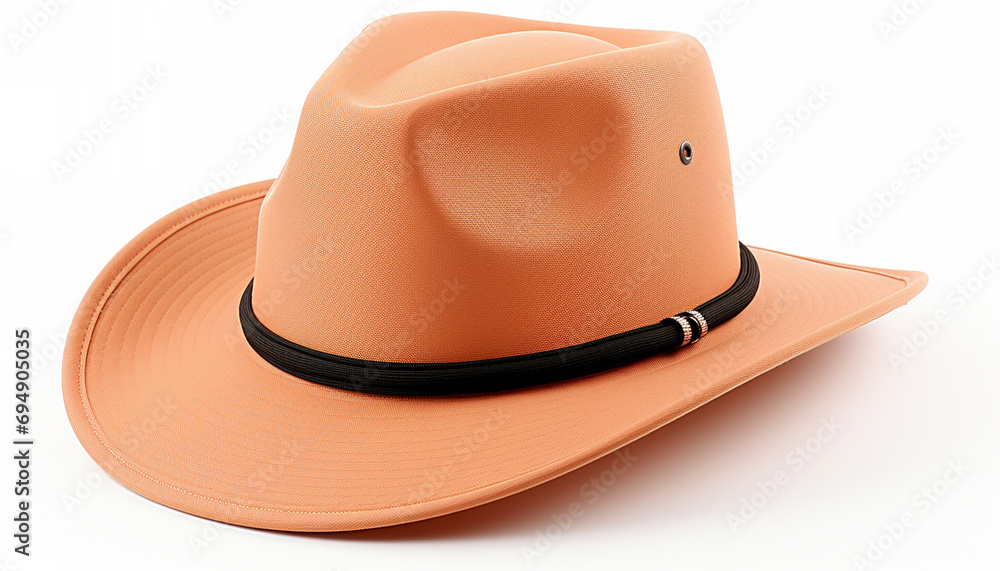 Peach-colored cowboy hat with wide brim and black band on a white background. Peach-colored cowboy hat with wide brim and black band on a white background.